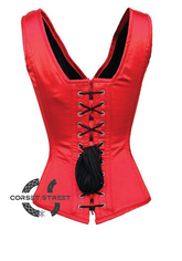 Red Satin Shoulder Straps Front Closed Gothic Burlesque Bustier Waist Training Overbust Plus Size Corset Costume